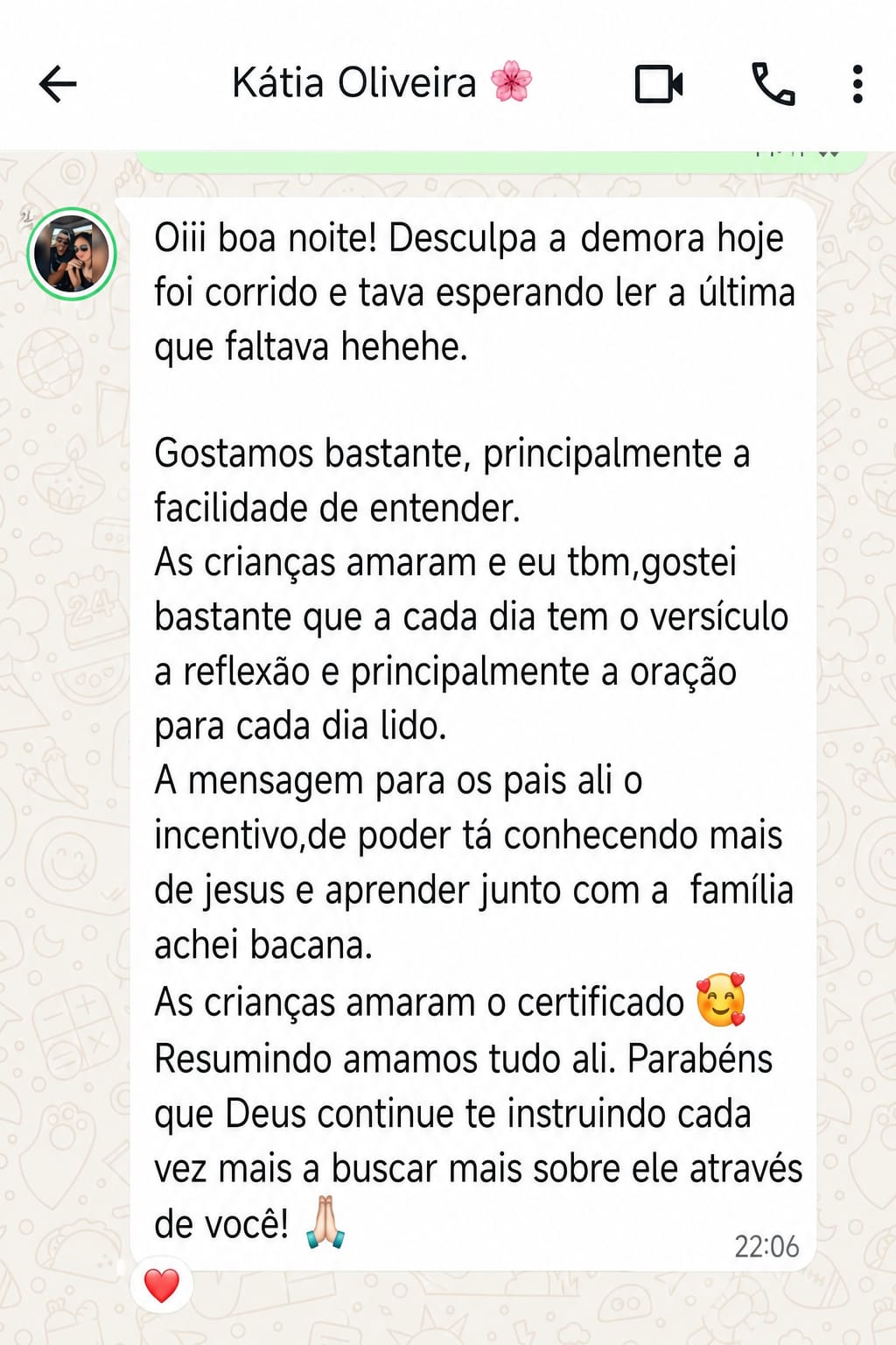 Mensagem real de Kátia Oliveira sobre o devocional infantil e o certificado de conclusão